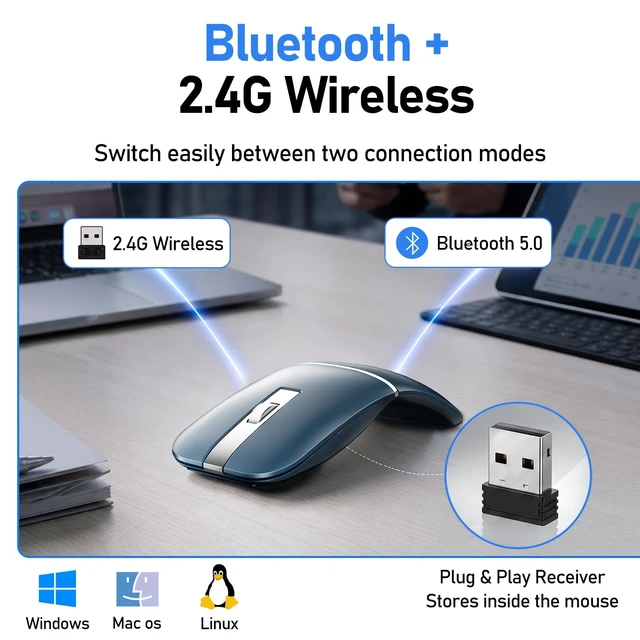 Alt view image 5 of 5 - Taimousetvs M9 Bluetooth Travel Mouse, 2.4 GHz, USB Receiver, Blue