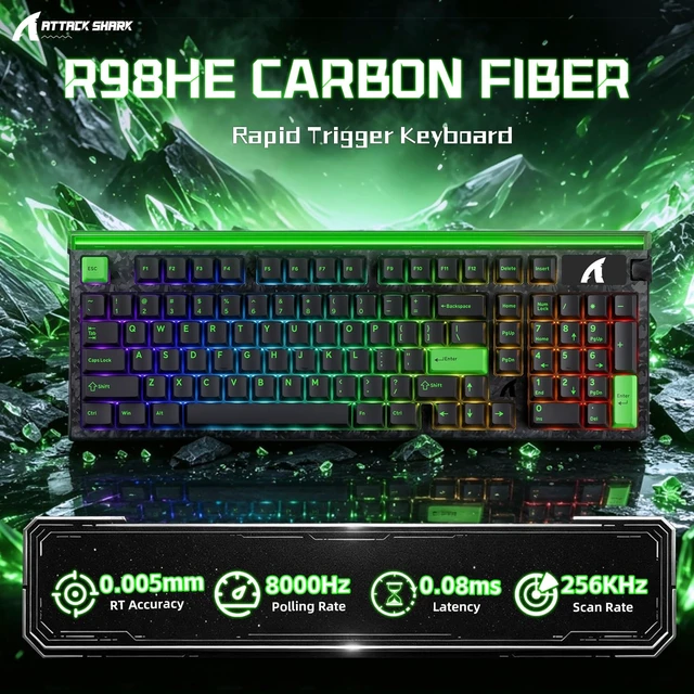 Alt view image 2 of 5 - ATTACK SHARK R98HE Wired RT 8K Mechanical RGB Gaming Keyboard-Black Green
