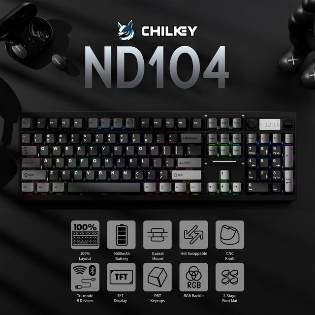 Alt view image 2 of 5 - OOCTPK Wireless Mechanical Keyboard, Chilkey ND104 Gaming Keyboard with LCD Screen, 104% Hot Swappable Custom Keyboard with Knob, RGB Backlit, Bluetooth 5.4/2.4GHz/USB-C, Full-Aluminum, PC/Mac