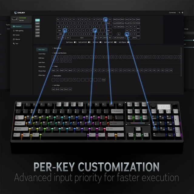 Alt view image 3 of 5 - OOCTPK Wireless Mechanical Keyboard, Chilkey ND104 Gaming Keyboard with LCD Screen, 104% Hot Swappable Custom Keyboard with Knob, RGB Backlit, Bluetooth 5.4/2.4GHz/USB-C, Full-Aluminum, PC/Mac