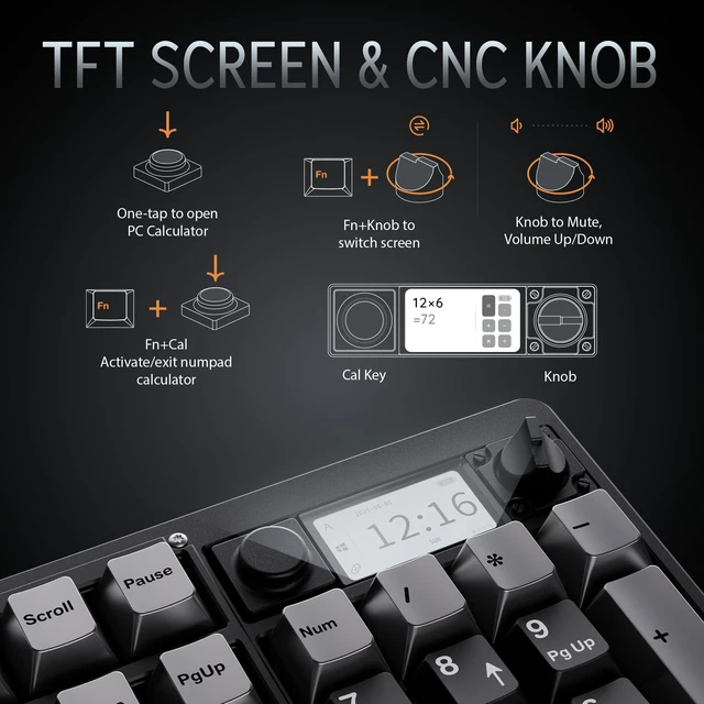 Alt view image 5 of 5 - OOCTPK Wireless Mechanical Keyboard, Chilkey ND104 Gaming Keyboard with LCD Screen, 104% Hot Swappable Custom Keyboard with Knob, RGB Backlit, Bluetooth 5.4/2.4GHz/USB-C, Full-Aluminum, PC/Mac