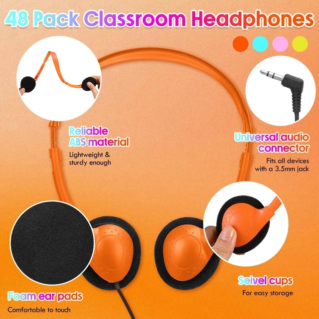 Alt view image 2 of 5 - Frienda 48 Pack Headphones for Classroom,Classic,Blue, Orange, Pink, Yellow