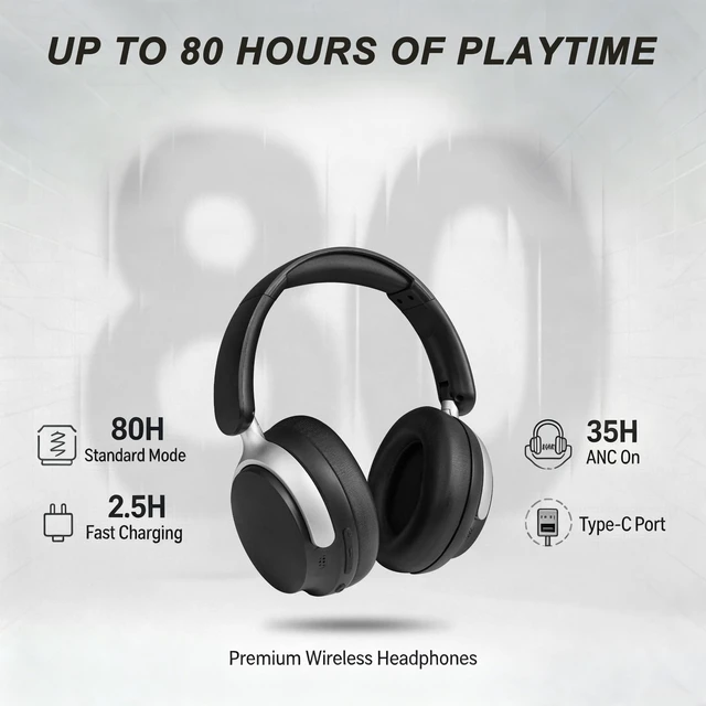 Alt view image 5 of 5 - VoKinroad Noise Cancelling Headphones: Dual-Feed ANC, 80H Battery