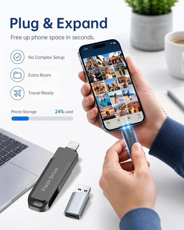 Alt view image 3 of 5 - 256GB MFi Certified Photo Stick for iPhone Flash Drive, 3 in 1 USB Memory Stick Thumb Drive(Black)for iPhone/iPad/Android/Mac/PC, Picture Keeper for Photos & Files Storage with ~244GB Available Space