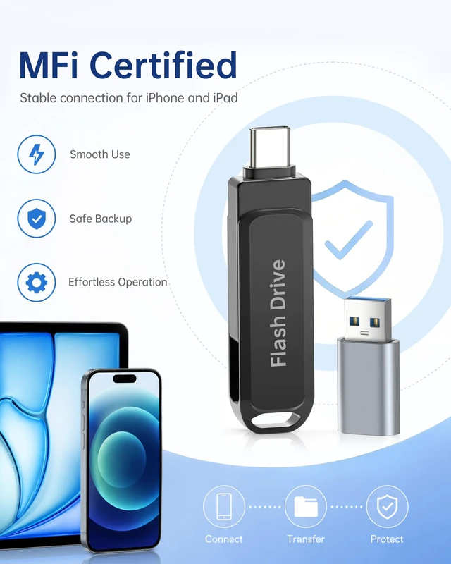Alt view image 4 of 5 - 256GB MFi Certified Photo Stick for iPhone Flash Drive, 3 in 1 USB Memory Stick Thumb Drive(Black)for iPhone/iPad/Android/Mac/PC, Picture Keeper for Photos & Files Storage with ~244GB Available Space