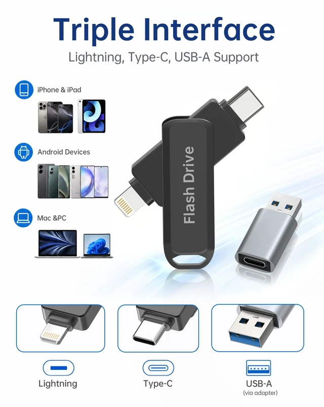 Alt view image 2 of 5 - 256GB MFi Certified Photo Stick for iPhone Flash Drive, 3 in 1 USB Memory Stick Thumb Drive(Black)for iPhone/iPad/Android/Mac/PC, Picture Keeper for Photos & Files Storage with ~244GB Available Space