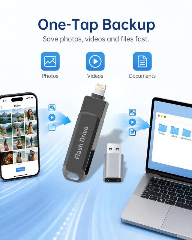 Alt view image 5 of 5 - 256GB MFi Certified Photo Stick for iPhone Flash Drive, 3 in 1 USB Memory Stick Thumb Drive(Black)for iPhone/iPad/Android/Mac/PC, Picture Keeper for Photos & Files Storage with ~244GB Available Space