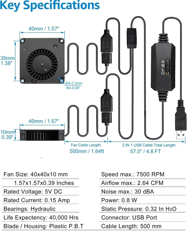 Alt view image 5 of 5 - GDSTIME 40mm USB Blower Fan with 3 Speed Control, DC 5V Powered, 2-Pack