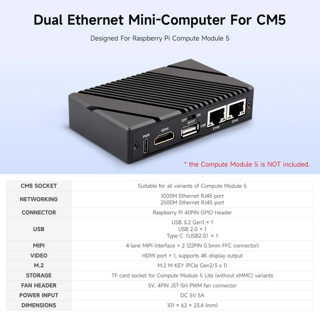 Alt view image 3 of 5 - Waveshare Gigabit / 2.5G Dual Ethernet Mini-Computer (B), Compatible with Pi CM5, Dual RJ45 Ethernet Ports, Supports 4K Display Output and Dual MIPI Interfaces, Onboard 40Pin GPIO Header