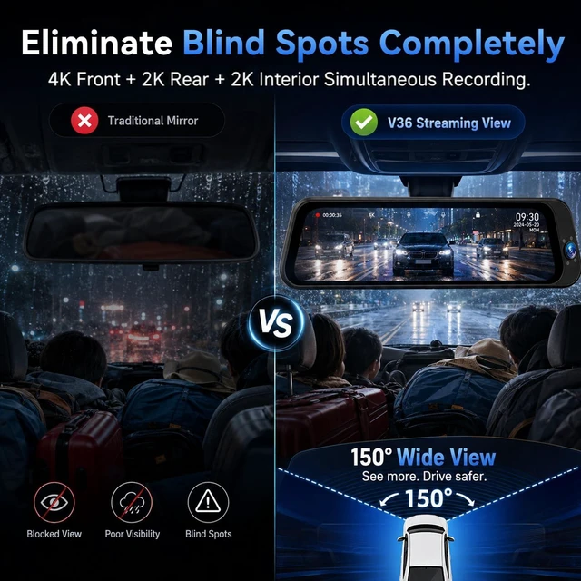 Alt view image 3 of 5 - 3 Channel 4K Mirror Dash Cam 9.66 inch IPS Touch Screen 2K Rear WiFi 64GB