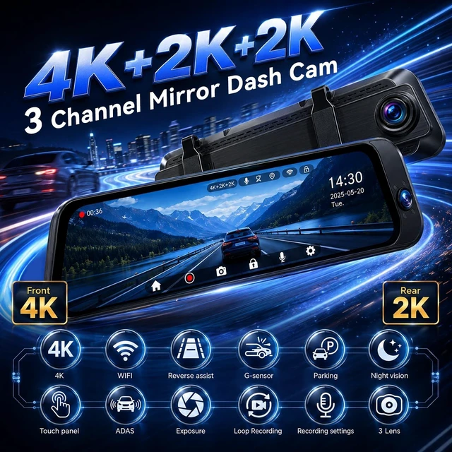 Alt view image 2 of 5 - 3 Channel 4K Mirror Dash Cam 9.66 inch IPS Touch Screen 2K Rear WiFi 64GB