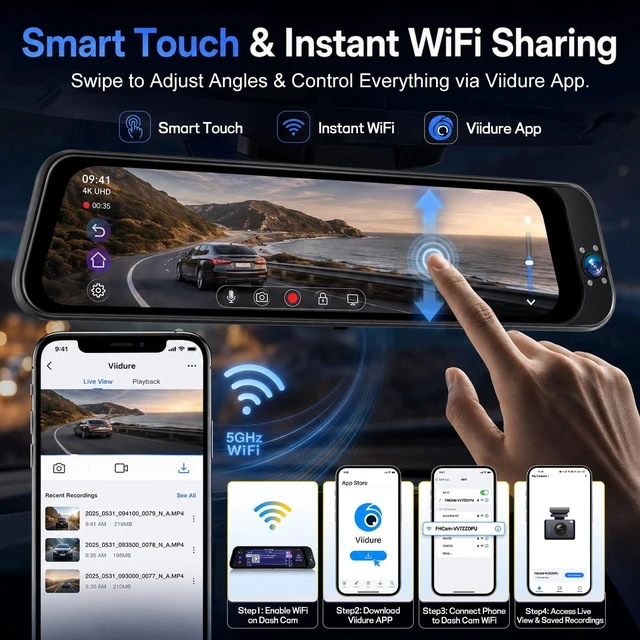 Alt view image 5 of 5 - 3 Channel 4K Mirror Dash Cam 9.66 inch IPS Touch Screen 2K Rear WiFi 64GB