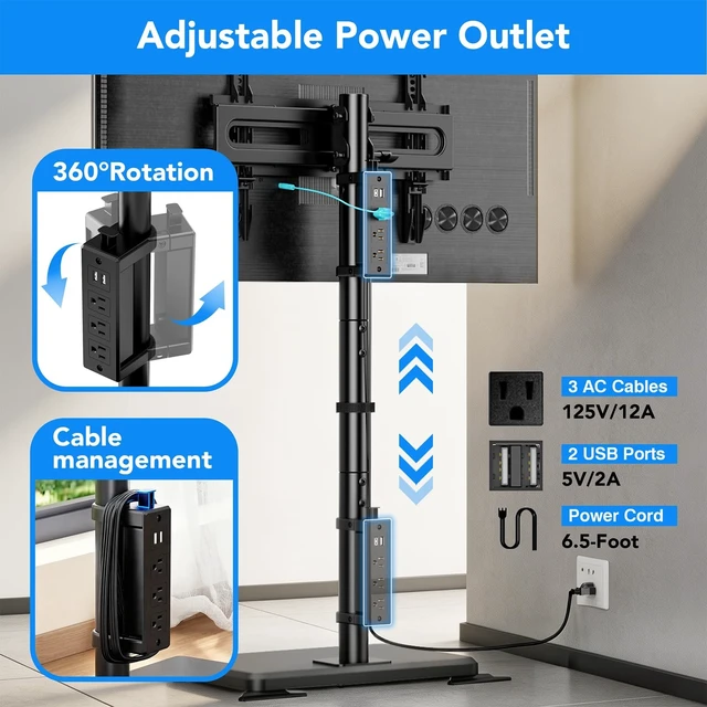 Alt view image 2 of 5 - Floor TV Stand with Power Outlet for 26-55 inch TVs up to 77 lbs, Height Adjustable Swivel Tilt TV Stand with Wood Base, Saving Space Design for Bedroom, Living Room and Corner, Black