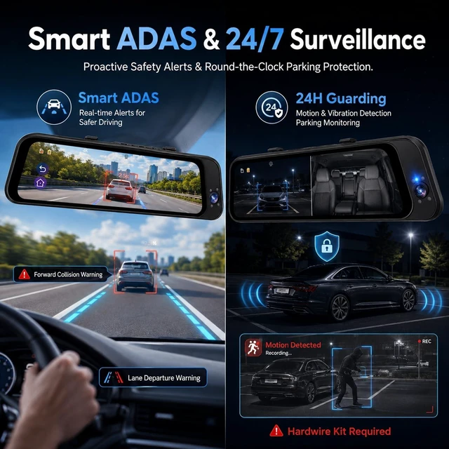Alt view image 4 of 5 - 3 Channel 4K Mirror Dash Cam 9.66 inch IPS Touch Screen 2K Rear WiFi 64GB