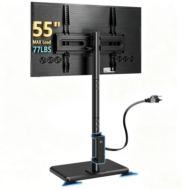 Main image of Floor TV Stand with Power Outlet for 26-55 inch TVs up to 77 lbs, Height Adjustable Swivel Tilt TV Stand with Wood Base, Saving Space Design for Bedroom, Living Room and Corner, Black