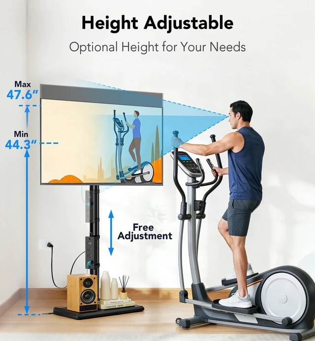 Alt view image 5 of 5 - Floor TV Stand with Power Outlet for 26-55 inch TVs up to 77 lbs, Height Adjustable Swivel Tilt TV Stand with Wood Base, Saving Space Design for Bedroom, Living Room and Corner, Black