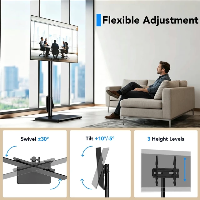 Alt view image 3 of 5 - Floor TV Stand with Power Outlet for 26-55 inch TVs up to 77 lbs, Height Adjustable Swivel Tilt TV Stand with Wood Base, Saving Space Design for Bedroom, Living Room and Corner, Black
