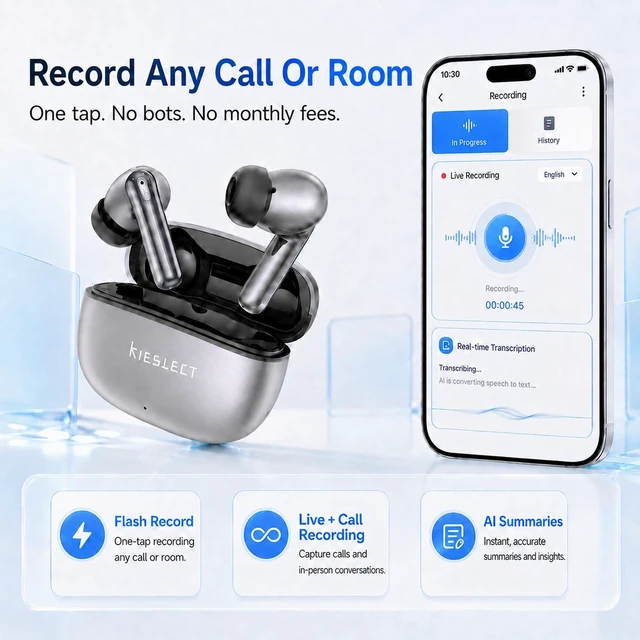 Alt view image 2 of 5 - Kieslect AI NotePods 10S Wireless Earbuds with AI Recording, Transcription & 144-Language Translation, Bluetooth 6.0, 30dB Hybrid ANC, 4-Mic ENC, 30H Battery, IPX5 for Calls, Meetings & Travel