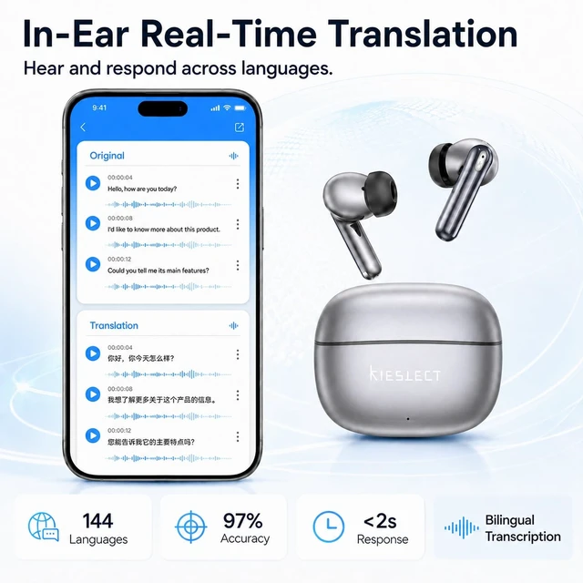 Alt view image 4 of 5 - Kieslect AI NotePods 10S Wireless Earbuds with AI Recording, Transcription & 144-Language Translation, Bluetooth 6.0, 30dB Hybrid ANC, 4-Mic ENC, 30H Battery, IPX5 for Calls, Meetings & Travel