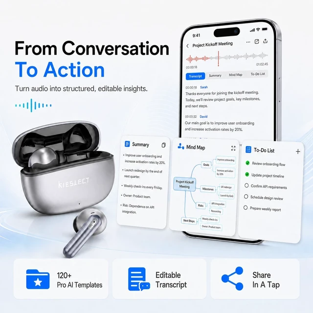 Alt view image 5 of 5 - Kieslect AI NotePods 10S Wireless Earbuds with AI Recording, Transcription & 144-Language Translation, Bluetooth 6.0, 30dB Hybrid ANC, 4-Mic ENC, 30H Battery, IPX5 for Calls, Meetings & Travel