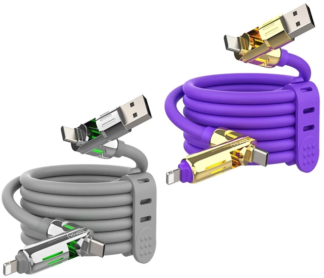 Main image of MFish 2-Pack 240W 4-in-1 Multi Charging Cable, Grey+Purple, 6.6FT