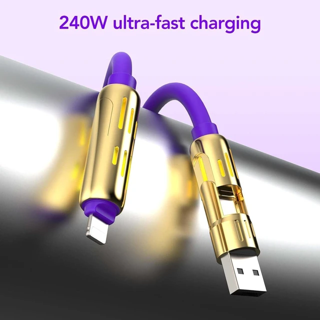 Alt view image 3 of 5 - MFish 2-Pack 240W 4-in-1 Multi Charging Cable, Grey+Purple, 6.6FT