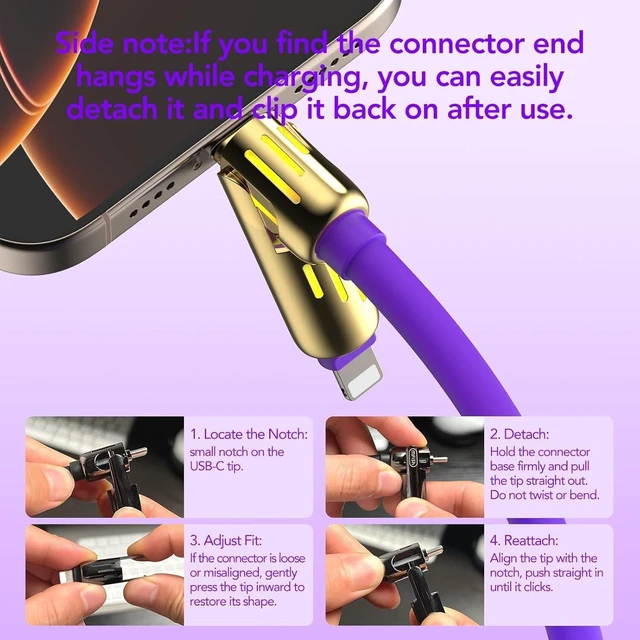 Alt view image 5 of 5 - MFish 2-Pack 240W 4-in-1 Multi Charging Cable, Grey+Purple, 6.6FT