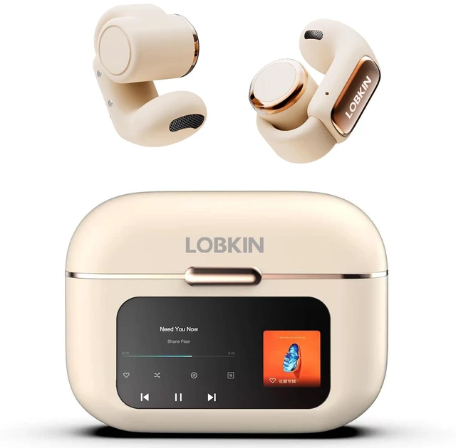 Main image of LOBKIN Open Ear Earbuds Clip On Headphones Wireless Bluetooth 5.4 Adaptive Comfortable Clip On Ear Buds with Mic,4GB Storage Lightweight IPX5 Waterproof LED Touchscreen Display Fit Sports(White