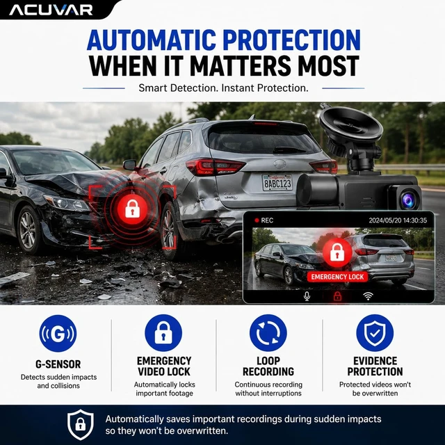 Alt view image 5 of 5 - Acuvar WiFi 1080P 3 Channel Dash Cam for Cars, Front Inside Rear Dash Camera with 32GB Card, 170 Wide Angle, G-Sensor, Loop Recording, Night Vision, WDR, 2" Screen, Car Camera for Cars, Trucks & SUV