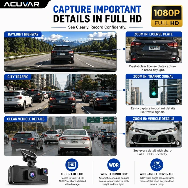 Alt view image 3 of 5 - Acuvar WiFi 1080P 3 Channel Dash Cam for Cars, Front Inside Rear Dash Camera with 32GB Card, 170 Wide Angle, G-Sensor, Loop Recording, Night Vision, WDR, 2" Screen, Car Camera for Cars, Trucks & SUV