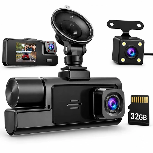 Main image of Acuvar WiFi 1080P 3 Channel Dash Cam for Cars, Front Inside Rear Dash Camera with 32GB Card, 170 Wide Angle, G-Sensor, Loop Recording, Night Vision, WDR, 2" Screen, Car Camera for Cars, Trucks & SUV