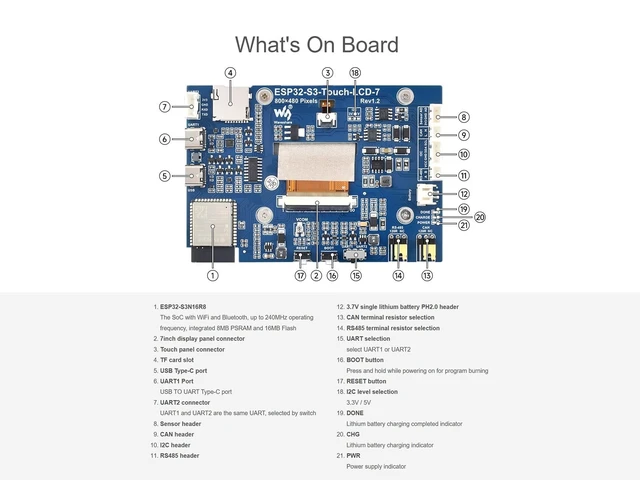 Alt view image 5 of 5 - ESP32-S3 7inch Touch LCD Display Development Board, 800480 Pixels 65K RGB 5-Point Touch Screen, Onboard Sensor, CAN, RS485, I2C Interface, etc. Supports 2.4GHz Wi-Fi & Bluetooth 5