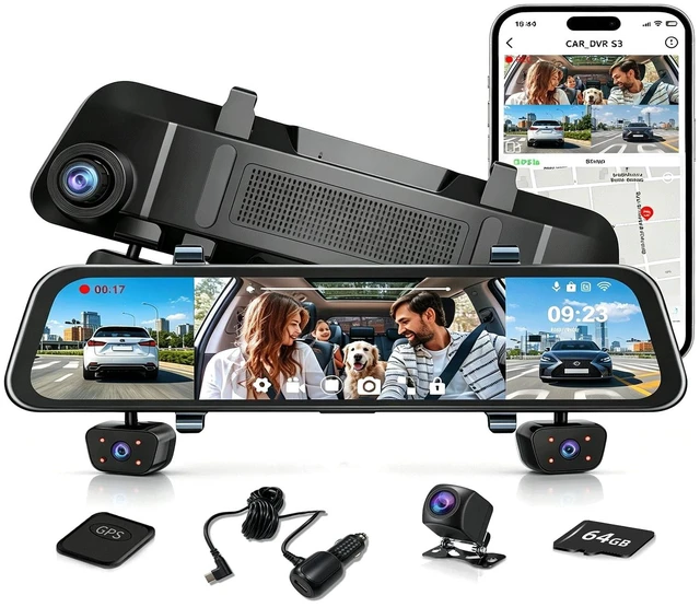 Main image of 4-Channel Mirror Dash Cam, 12" IPS Touch, 5.8GHz WiFi GPS, 64GB SD Card
