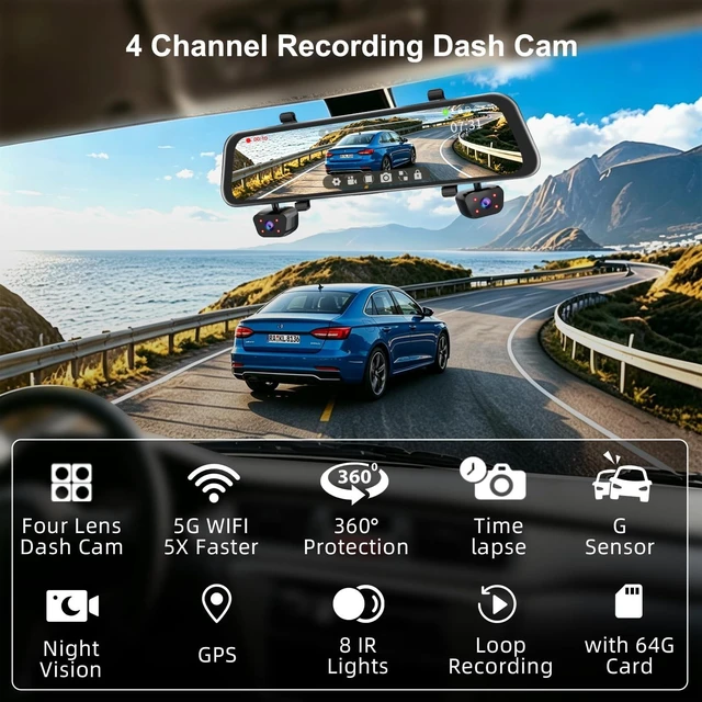 Alt view image 2 of 5 - 4-Channel Mirror Dash Cam, 12" IPS Touch, 5.8GHz WiFi GPS, 64GB SD Card