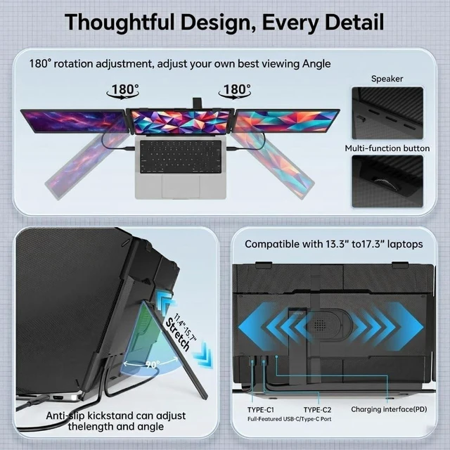 Alt view image 3 of 5 - Leudaich 14'' Laptop Screen Extender, Portable Dual Monitor FHD 1080P IPS, Ultra-Slim Travel Monitor for 13-17" Laptops, Laptop Extender Work with Mac/Windows