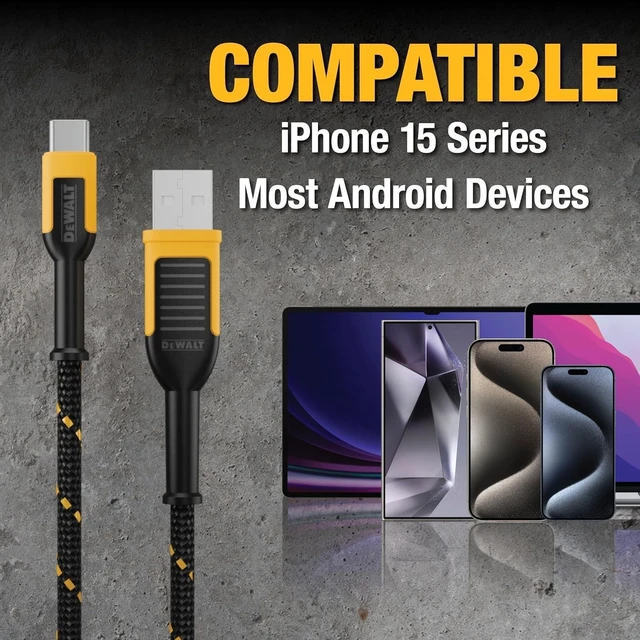 Alt view image 5 of 5 - DEWALT Heavy Duty USB to USB C Cable, Jobsite Type-C Cable, High Speed USB-A to Type-C Fast Charging Cord Compatible with iPhone 17/18/16/15 Pro Max, 10ft USB2.0 Black, 2 Pack