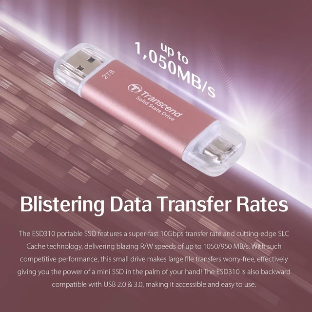 Alt view image 2 of 5 - Transcend 512GB ESD310 Dual Portable SSD 1050MB/s USB-A+C, Thumb Drive