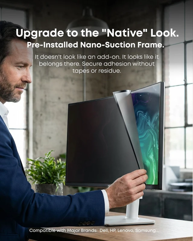 Alt view image 3 of 5 - infoWall 2-Pack 23.8 Inch Computer Privacy Screen Filter (21.1" 12.0") for 16:9 Curved & Flat Monitors Nano-Suction Bezel (Tape-Free Instant Install) Anti-Glare, Blue Light Blocking, Washable