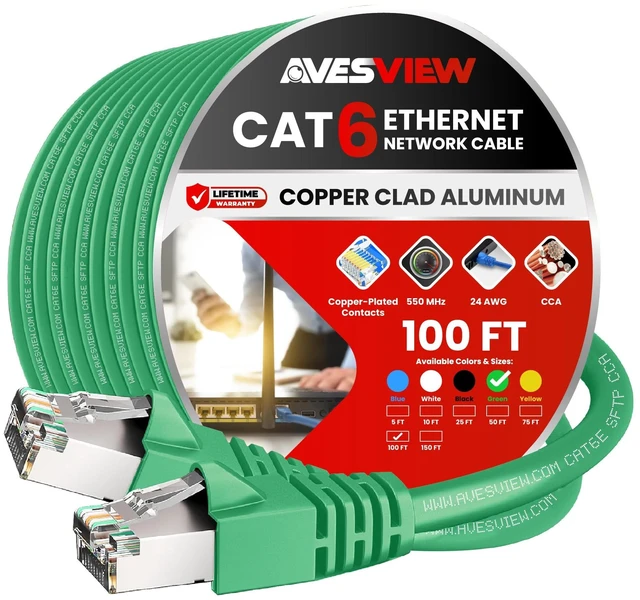Main image of AvesView CAT 6 Shielded 100 FT Ethernet Cable, Indoor High-Speed (SFTP) 10Gbps Shielded 100 Foot Ethernet Cable for Internet, Router, Computer, PlayStation, Xbox (Green, 100FT)