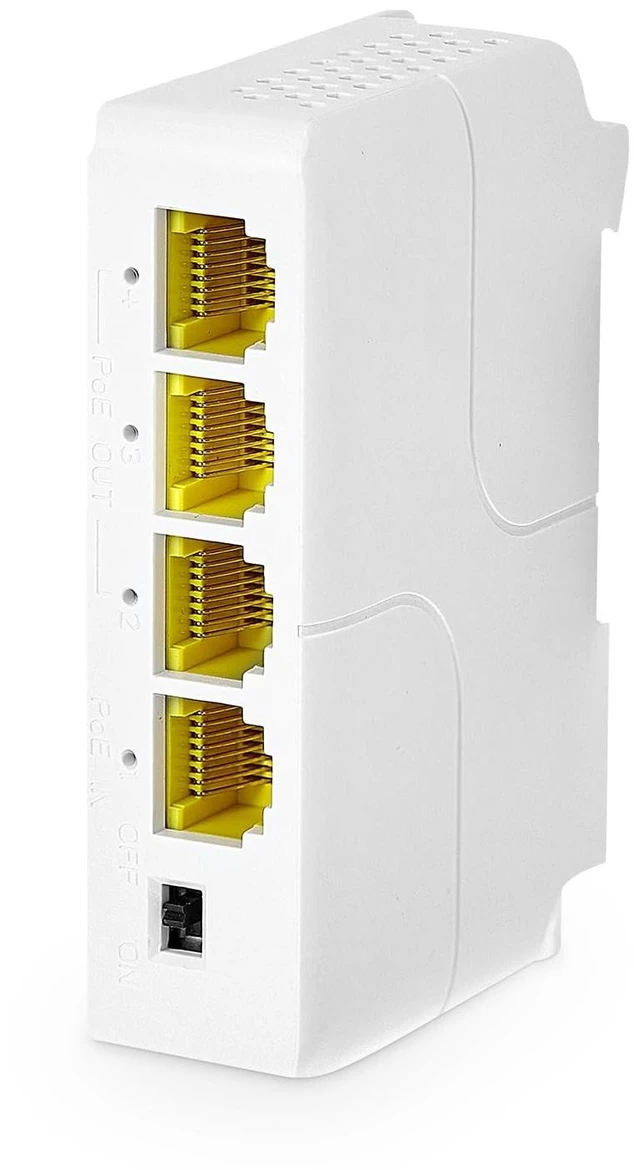 Main image of MokerLink 4 Port Gigabit PoE Extender, IEEE 802.3 af/at Repeater, 10/100/1000Mbps, 1 In 3 Out, Wall & Din Rail Mount Passthrough Switch