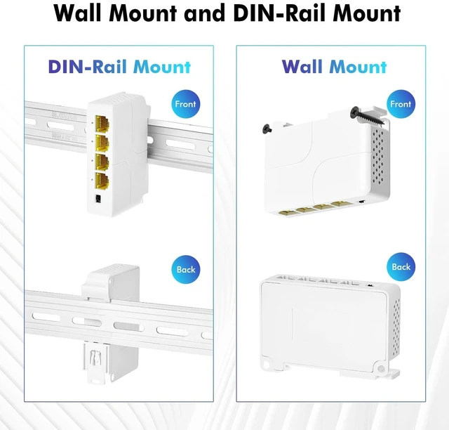 Alt view image 5 of 5 - MokerLink 4 Port Gigabit PoE Extender, IEEE 802.3 af/at Repeater, 10/100/1000Mbps, 1 In 3 Out, Wall & Din Rail Mount Passthrough Switch