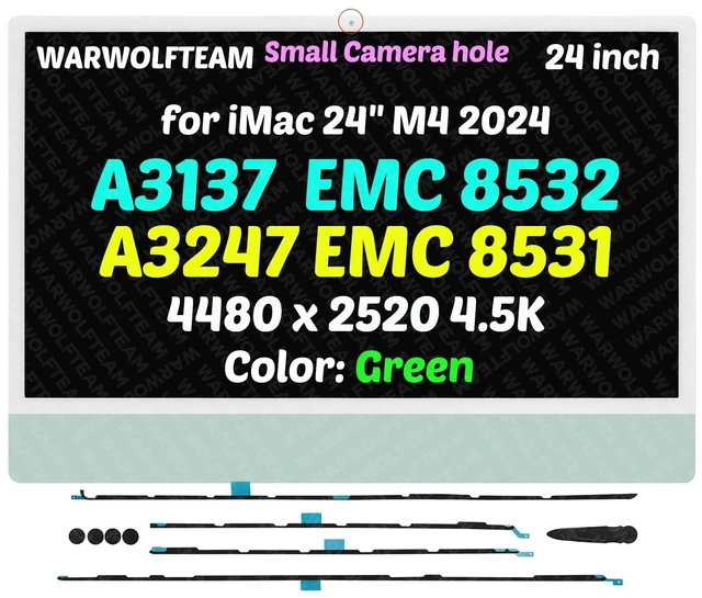 Main image of WARWOLFTEAM Compatible with iMac A3137 A3247 M4 2024 All in One Retina EMC 8532 EMC 8531 24" 23.5in 4.5K LCD Screen Display Replacement Assembly LM235UH1-SDE1 Camera Hole: 0.6CM(Green)