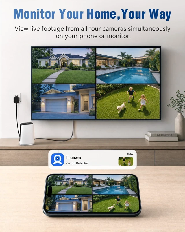 Alt view image 4 of 5 - YULIOKPP 5MP Solar Security Cameras Wireless Outdoor System, 500GB HDD Local Storage, No Subscription, 4-Cam Kit, Up to 10CH, Two-Way Audio, Color Night Vision, 5G/2.4GHz WiFi, TV & Monitor Vie