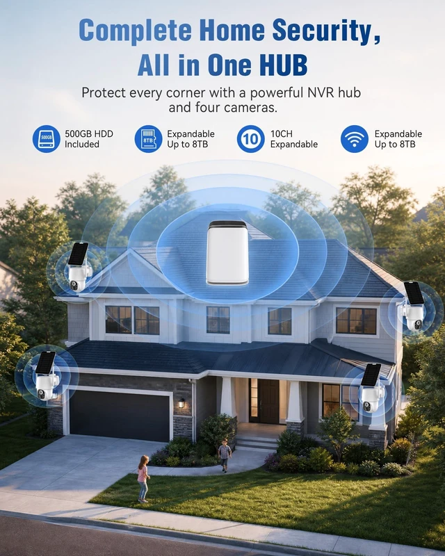 Alt view image 2 of 5 - YULIOKPP 5MP Solar Security Cameras Wireless Outdoor System, 500GB HDD Local Storage, No Subscription, 4-Cam Kit, Up to 10CH, Two-Way Audio, Color Night Vision, 5G/2.4GHz WiFi, TV & Monitor Vie