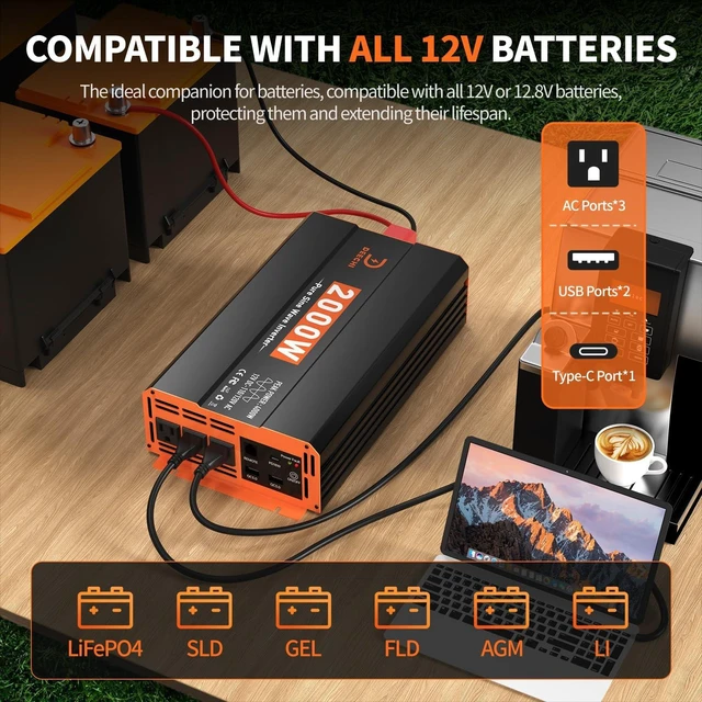 Alt view image 2 of 5 - 2000W Pure Sine Wave Power Inverter 12V DC to 110V/120V AC Car Converter