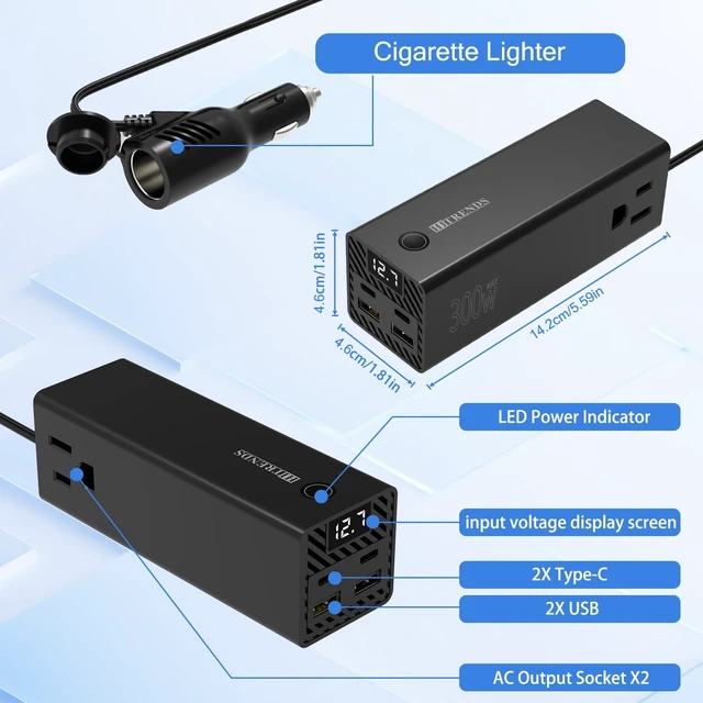 Alt view image 4 of 5 - HITRENDS 300W Car Power Inverter, DC 12V to AC 110V with 2 USB Ports, 2 Type-C Ports, and 2 AC Outlets for Car, Home, and Travel Use (Black)