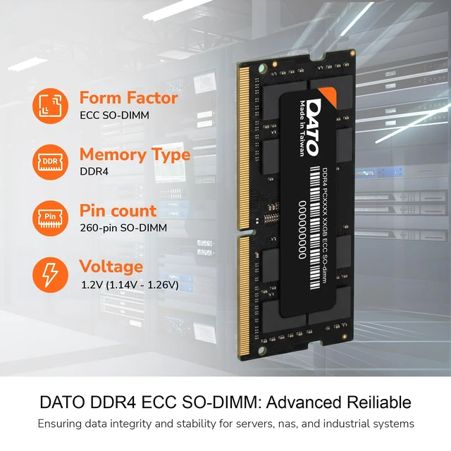 Alt view image 2 of 5 - DATO 8GB DDR4 2666MHz ECC SODIMM, PC4-21300, ECC Unbuffered, 260-Pin, 1.2V, CL22, Compatible with Servers and Industrial Systems