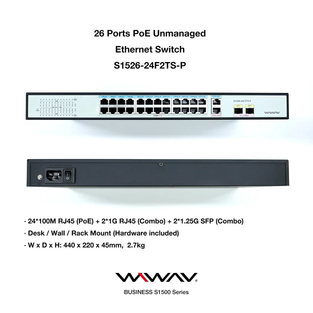 Alt view image 2 of 5 - WIWAV S1526-24F2TS-P 26-Port 10/100M PoE Unmanaged Ethernet Switches - Full Duplex LAN Hub for Enterprise, Business, Home, Office, NAS, AP, PoE Surveillance Camera (Built-in 260W, Metal, Plug&Play)