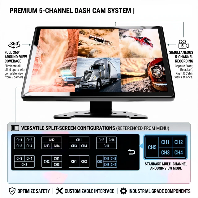 Alt view image 3 of 5 - SLARY 1080P 5CH Backup Camera, 10.1" HD Monitor Rear View Camera, Dashcam System with 5Pcs AHD Night Vision Wide Angle Waterproof Camera, 5 Split Clear Parking Assist System Avoid Blind for RV Trailer