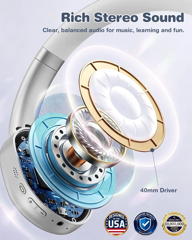 Alt view image 4 of 5 - Wentronic Kids Headphones Wireless Bluetooth 5.4,Foldable Over Ear Headphones with 3.5mm Wired Mode,Safe Volume Limit,48H Playtime,Clear Calls,HD Sound for Toddlers/Children/School/Travel,Silve